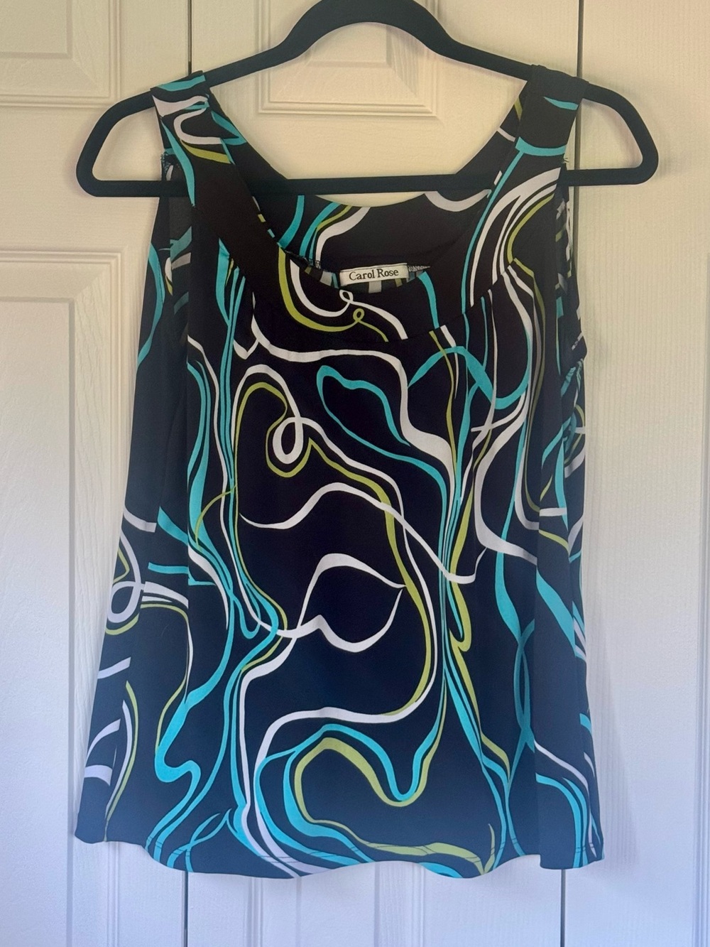 Carol Rose Abstract Swirl Sleeveless Blouse Top Black Teal Lime Size Medium